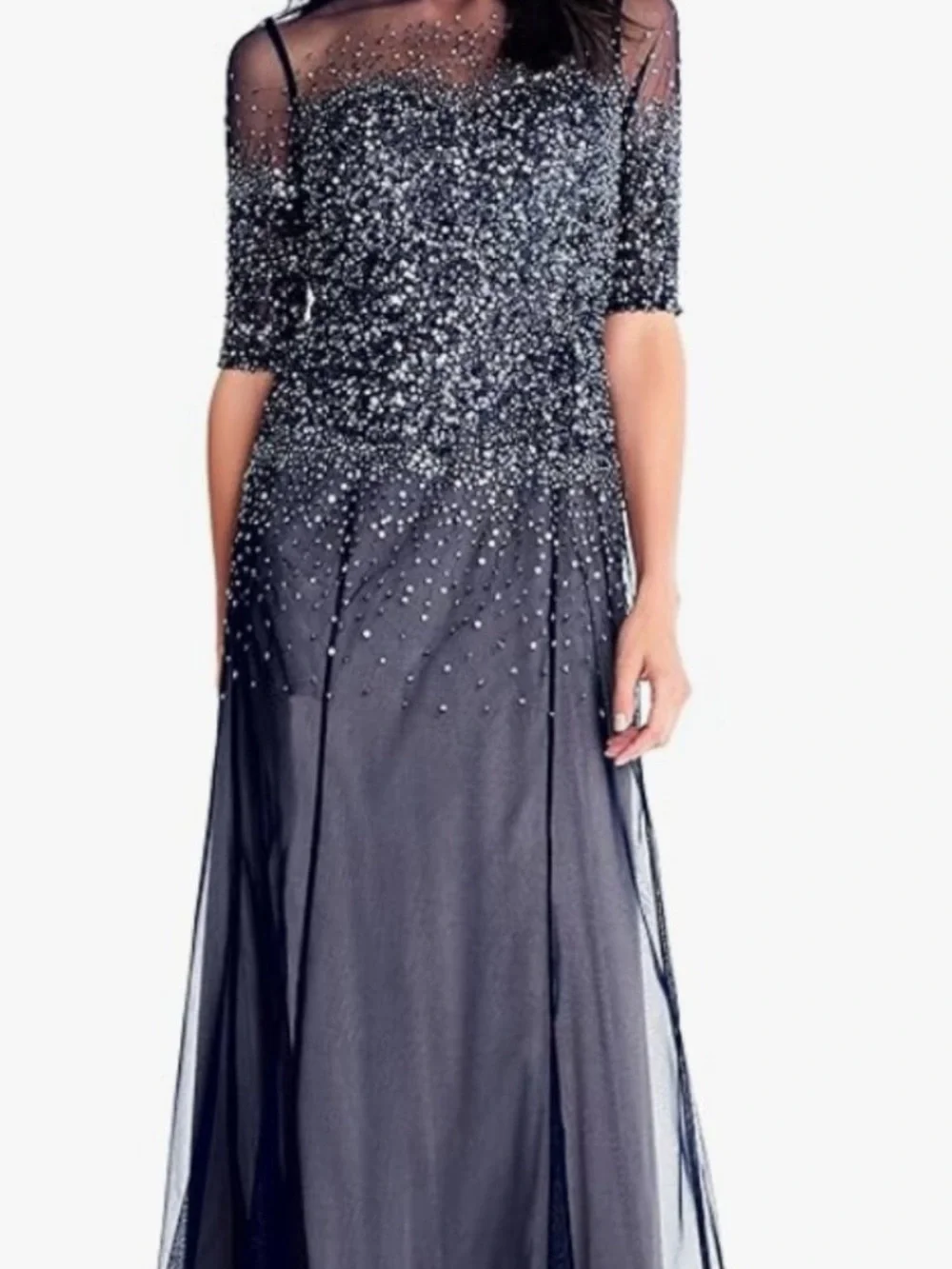 Adrianna Papell Dark Navy Gown, Size 8.  Beaded/Sheer Evening Gown